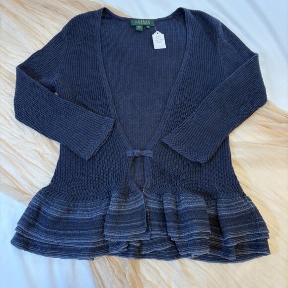 Ralph Lauren Blue Linen Mesh Open Front Cardigan Sweater Size S - Picture 6 of 11